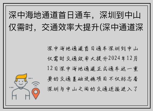 深中海地通道首日通车，深圳到中山仅需时，交通效率大提升(深中通道深圳至中山多久)