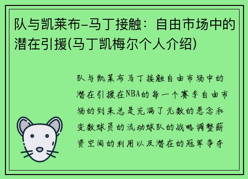 队与凯莱布-马丁接触：自由市场中的潜在引援(马丁凯梅尔个人介绍)
